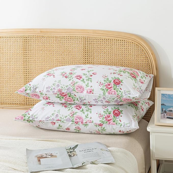 Zusbest 100% Cotton Pink Floral Pillow Cases Standard Size Set of 2, 19''×29'', Queen Size Shabby Rose Floral Pillowcases, Flower Printed Chic Pillow Covers Soft Envelope Queen Pillowcase Protectors