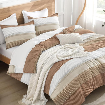 Litanika Full Size Comforter Sets Beige, 3 Pieces Lightweight Taupe Khaki White Colorblock Stripe Fluffy Bedding Comforter Sets, All Season Bed Set