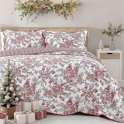 Wonderful 100% Cotton Red Floral Bedspread Set Full Size,Quilt Bedding Sets with Pillow Shams, 3 Pieces Botanical Coverlet Set, Quilted Blanket Bed Cover for All Season, 96"x110"