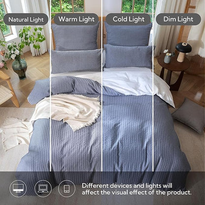 MILDLY Jacquard Stripe Duvet Cover - Navy Blue 100% Washed Cotton Boho Textured Comforter Cover Set with Zipper Closure 104"x90"
