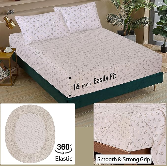 RUVANTI 100% Cotton Sheets – King Size Percale Bedding, Cooling & Breathable Floral Design, Durable with a Crisp, Soft & Comfortable Feel, 16" Deep Pocket, 4-Piece Set, Twin Spring