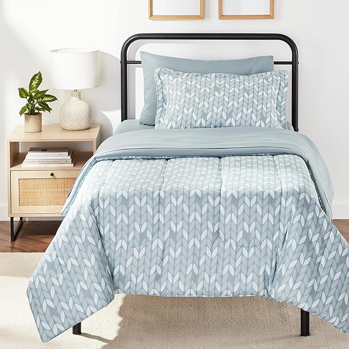 Amazon Basics Twin/Twin XL Comforter Set with Printed Sheets, 5-Piece Gray Leaf Bedding, Lightweight Microfiber Bed-in-a-Bag