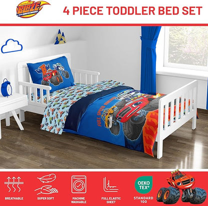 Jay Franco Kids Comforter Set Includes Sheets and Pillow Covers - Soft and Cozy Bed Set for Stylish Room Decor, Blue - Blaze and The Monster Machines, 4 Piece Toddler Size Bedding