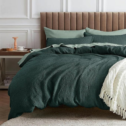 Bedsure Waffle Comforter Set King, Forest Green Soft Bedding, Waffle Weave Bed Set, 3 Pieces, 1 Comforter (104"x90") and 2 Pillow Shams, Cotton Shell and Polyester Lining for All Seasons