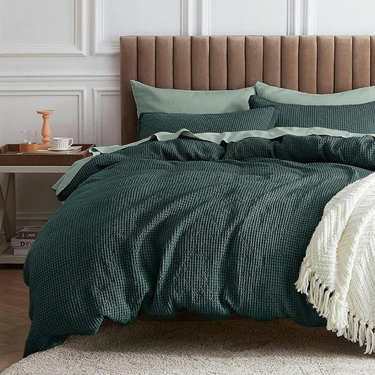 Bedsure Waffle Comforter Set Queen, Forest Green Soft Bedding, Waffle Weave Bed Set, 3 Pieces, 1 Comforter (90"x90") and 2 Pillow Shams, Cotton Shell and Polyester Lining for All Seasons