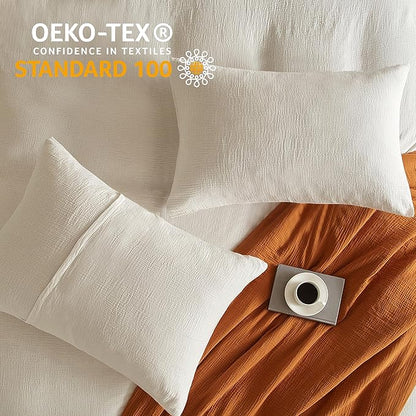 SE SOFTEXLY Muslin Duvet Cover Queen Size, 100% Washed Cotton Duvet Cover Set, Ultra Soft Comforter Cover Linen Like, 3 Pieces Minimalist Gauze Duvet Cover with 2 Pillowcases, 80"x90", White