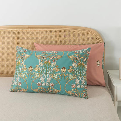 Zusbest 100% Cotton Blue Floral Pillowcases Standard Size Set of 2, 19''×29'', Queen Size Teal Orange French Country Floral Printed Reversible Pillow Covers Soft Envelope Queen Pillowcase Protectors