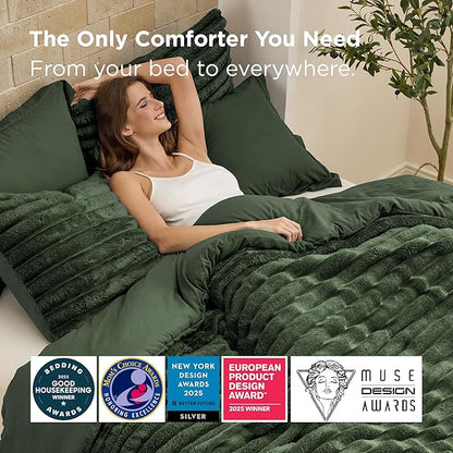 Bedsure Gentlesoft™ 2-in-1 Queen Comforter Set and Detachable Fluffy Blanket, Olive Green Bedding Set for All Season Use, SnapTech™ Design for Space Saving (Includes 2 Pillow Shams, 2 Pillowcases)