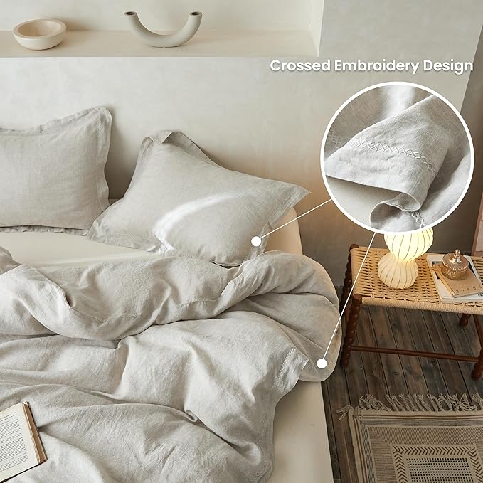 Simple&Opulence 100% Linen Duvet Cover Set with Crossed Embroidery Washed - 3 Pieces (1 Duvet Cover with 2 Pillow Shams) Soft Breathable Farmhouse - Linen, Queen Size