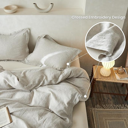Simple&Opulence 100% Linen Duvet Cover Set with Crossed Embroidery Washed - 3 Pieces (1 Duvet Cover with 2 Pillow Shams) Soft Breathable Farmhouse - Linen, Queen Size