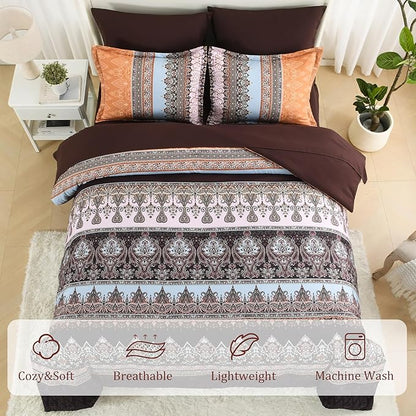 Boho Comforter Set Queen - 7 Pieces Bed in a Bag, Bohemian Striped Comforter Set with Sheets, Soft Microfiber Brown Floral Bedding Set for All Season (Brown, Queen)