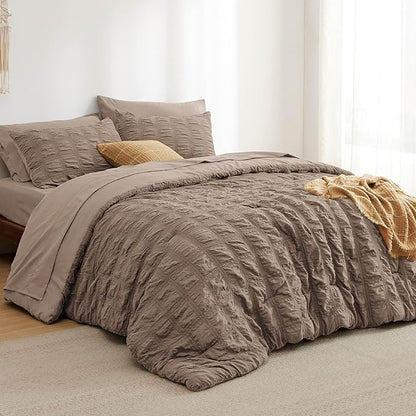 Bedsure Bed in a Bag Full - 7 Pieces Plaid Seersucker Bedding Comforter Sets, Soft Lightweight Affogat Boho Bed Set with Comforters Full Size, Sheets, Pillowcases & Shams