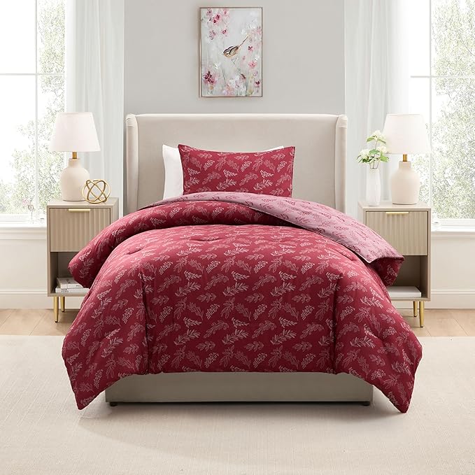 Nestl Twin/Twin XL Comforter Set - Mulberry Bed in a Bag Twin, 2 Pieces Reversible Bed Set, Soft Floral Bedding Set for College Dorm, All Season Botanical Comforters with Pillow Sham