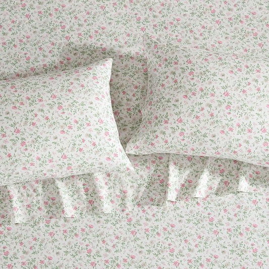 Laura Ashley - Full Sheet Set, Super Soft Cotton Percale Bedding Set with Matching Shams, Oeko-Tex Certified (Bonnie Pink, Full)