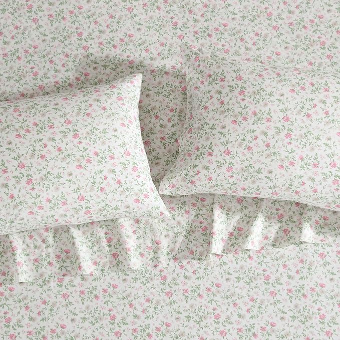 Laura Ashley - King Sheet Set, Super Soft Cotton Percale Bedding Set with Matching Shams, Oeko-Tex Certified (Bonnie Pink, King)