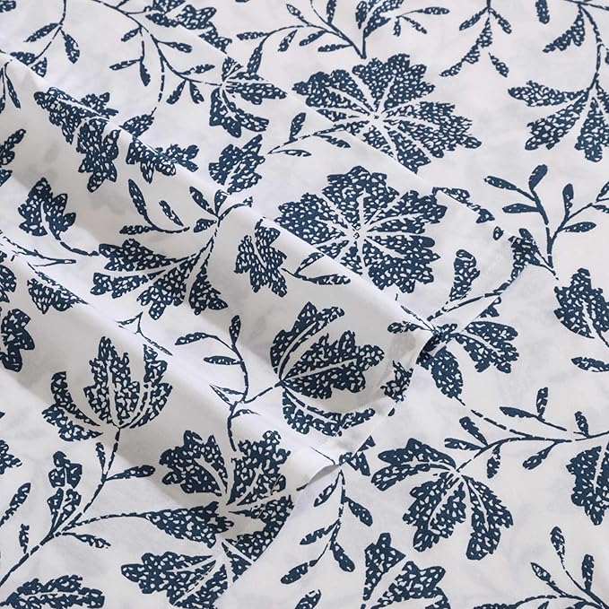 Eddie Bauer - Full Sheet Set, Premium Cotton Percale Bedding Set, Floral Home Decor, Oeko-Tex Certified (Woodblock Floral Blue, Full)