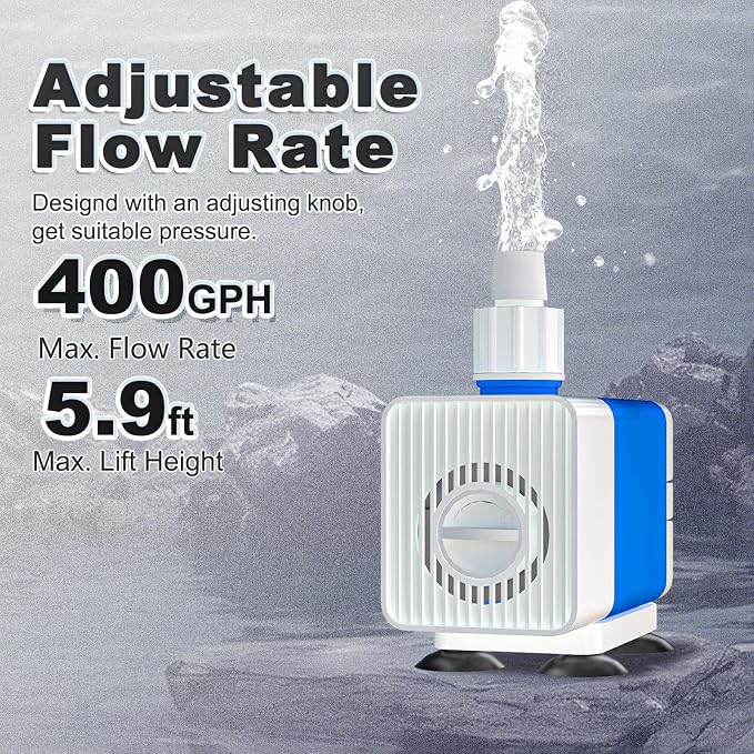 400GPH Submersible Water Pump with 5.9ft. High Lift for Fountains | with 4.9ft. Hose，Ultra-Quiet, Adjustable Flow Rate for Hydroponics, Ponds, Aquariums, and More