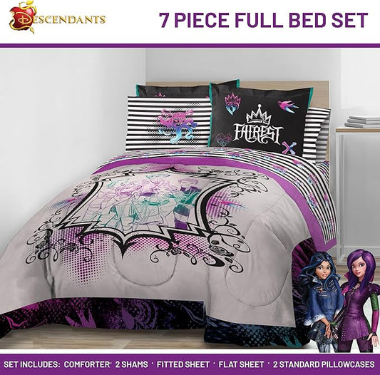 Jay Franco Kids Comforter Set Includes Sheets and Pillow Cover - Soft and Cozy Bed Set for Stylish Room Décor, Multi - Descendants, 7 Piece Full