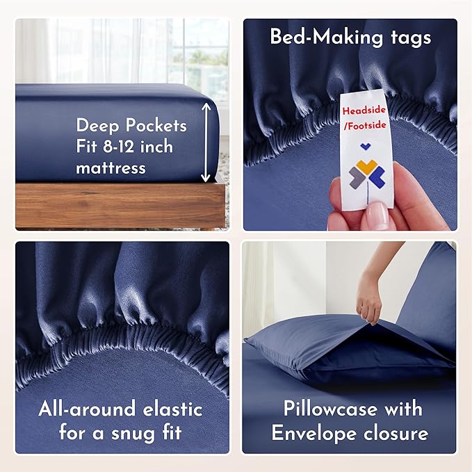 California Design Den Twin Bed Sheets Set - Natural 100% Cotton Sheets with 12" Pockets, Soft Sateen Weave, Breathable and Durable Bedding Set for Dorm Rooms, College (Navy Blue)