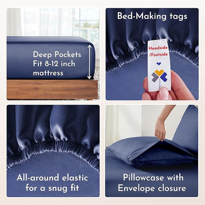 California Design Den Twin Bed Sheets Set - Natural 100% Cotton Sheets with 12" Pockets, Soft Sateen Weave, Breathable and Durable Bedding Set for Dorm Rooms, College (Navy Blue)