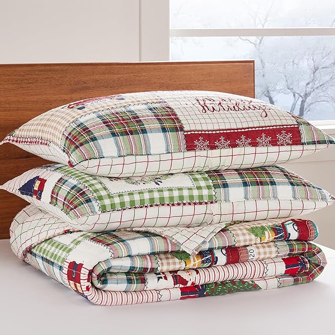 Levtex Home - Home for Christmas Sage Quilt Set - King Quilt (106x92in.) + Two Shams (20x36in.) - Patchwork Holiday - Red Green White - Reversible - Cotton