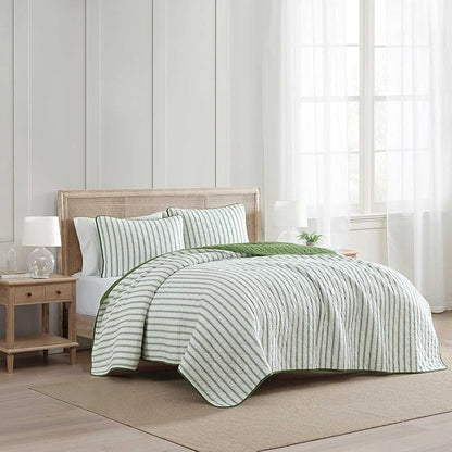 Martha Stewart - Queen Quilt Set, 100% Soft & Breathable Bedding with a Lightweight Feel for Year Round Comfort, 3 Piece Bed Set with Matching Pillowcases (Ticking Stripe Green)