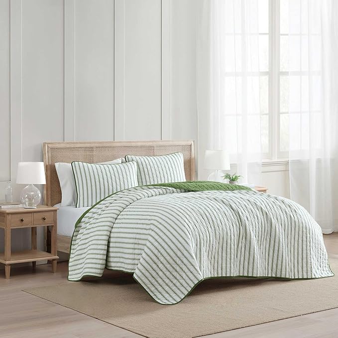 Martha Stewart - Twin Quilt Set, 100% Soft & Breathable Bedding with a Lightweight Feel for Year Round Comfort, 2 Piece Bed Set with Matching Pillowcase (Ticking Stripe Green)