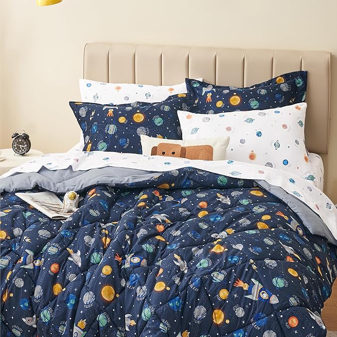 Queen Size Space Kids Bedding Set for Boys, 7 Pieces Super Soft Lightweight Microfiber Comforter Set with Sheets, Bed in a Bag, Children Bed Set