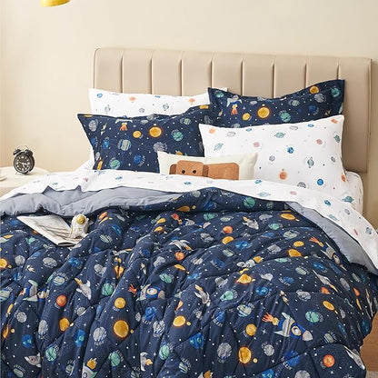 Queen Size Space Kids Bedding Set for Boys, 7 Pieces Super Soft Lightweight Microfiber Comforter Set with Sheets, Bed in a Bag, Children Bed Set