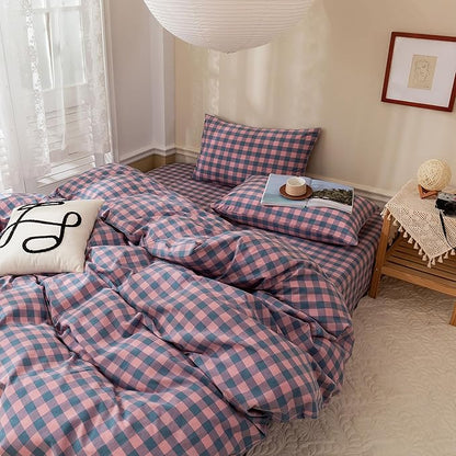 EAVD Modern Purple Pink Plaid Duvet Cover King Soft Cotton Reversible Grid Plaid Bedding Set with 2 Pillowcases Simple Checkered Geometric Duvet Cover with Zipper Closure