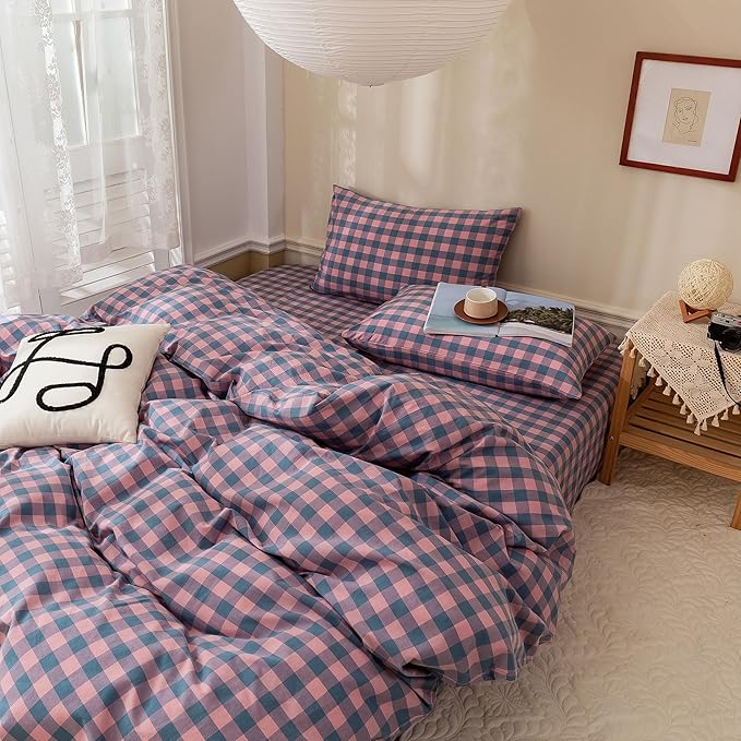 EAVD Modern Purple Pink Plaid Duvet Cover Queen Soft 100% Washed Cotton Reversible Grid Bedding Duvet Cover with 2 Pillowcases Geometric Simple Plaid Comforter Cover with Zipper Closure