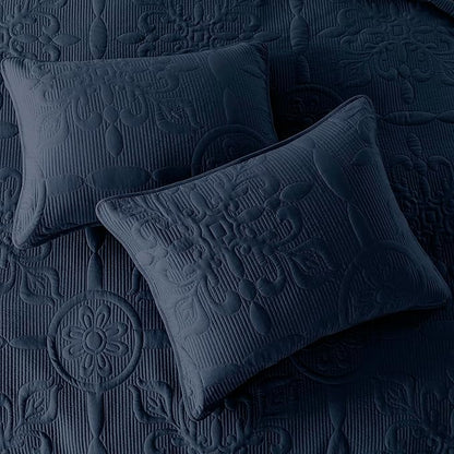B2EVER Boho Quilt California King Size Bedding Set with Pillow Shams, Navy Blue Quilted Blanket Thin Comforter Bed Cover, 3 Pieces, 118x106 inches