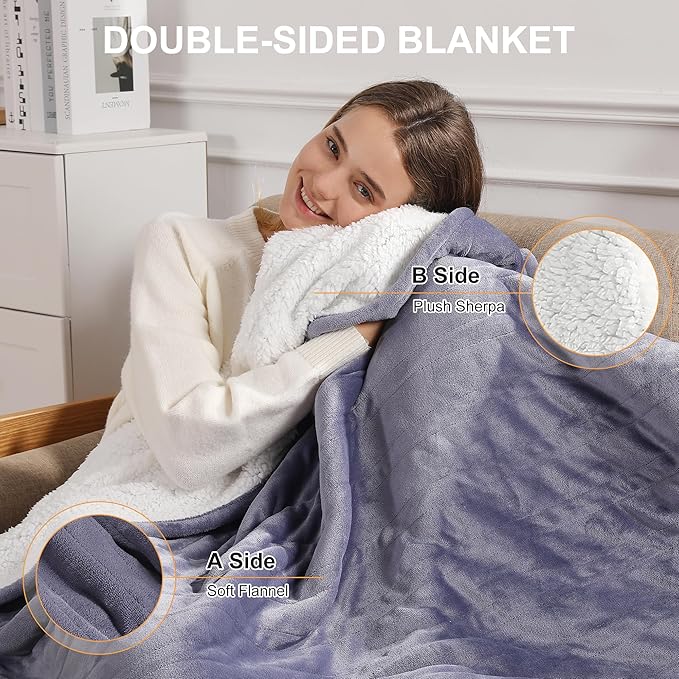 Heated Blanket Full Size Electric Blanket 72''X84'' - Purple Heated Blanket Flannel Sherpa Double Sided Heating Blanket with 5 Heat Settings & 10 Hours Auto-Off for Grandma Gifts(Lavender Purple)