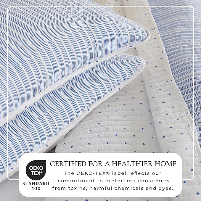 Great Bay Home Striped Quilt Set - 3-Piece Full/Queen Size Pattern Bedding Set - Lightweight, All-Season, Reversible Bedspread (Blue)