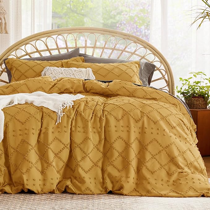 Bedsure Boho Duvet Cover King Size,Mustard Yellow Breathable & Soft Boho Bedding, Machine Washable Comforter Cover for All Seasons, Includes 1 Duvet Cover 104"x90" with 2 Pillow Shams & Zipper Closure