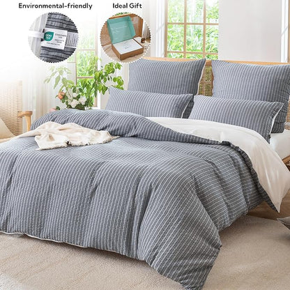 MILDLY Jacquard Stripe Duvet Cover - 100% Washed Cotton Charcoal Boho Textured Comforter Cover Set with Zipper Closure 80"x90"