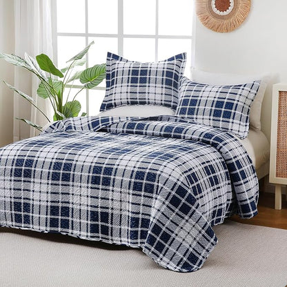 Plaid Quilt Set Queen Size - Ultra Soft Gingham Bed Quilts with 2 Pillow Shams, Lightweight Reversible Striped Quilted Bedspreads Coverlet 3 Pieces for Summer, 90"×90", Blue White