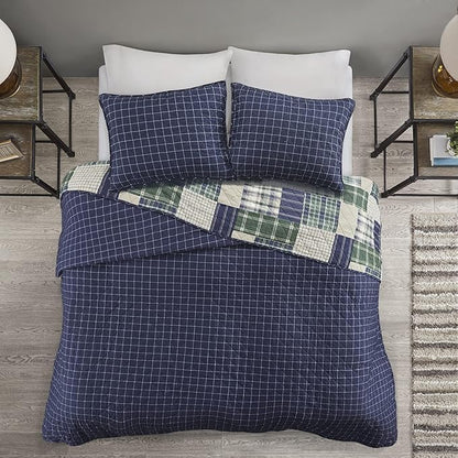 Madison Park Reversible Quilt Cabin Lifestyle Plaid Design - All Season, Breathable Coverlet Bedspread Bedding Set, Matching Shams, King/Cal King(104"x94"), Green/Navy 3 Piece