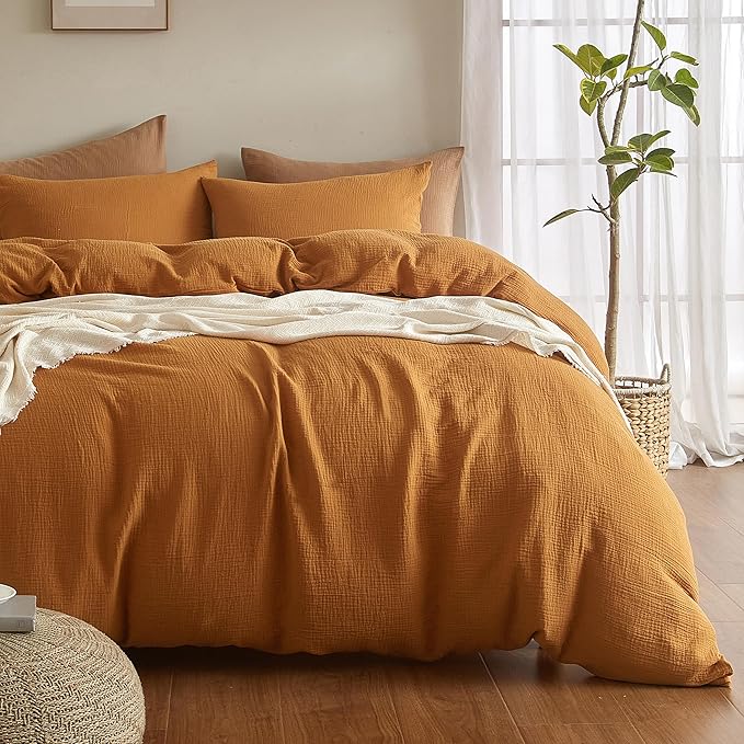 SE SOFTEXLY Muslin Duvet Cover Queen Size, 100% Washed Cotton Duvet Cover Set, Ultra Soft Comforter Cover Linen Like, 3 Pieces Minimalist Gauze Duvet Cover with 2 Pillowcases, 90"x90", Pumpkin