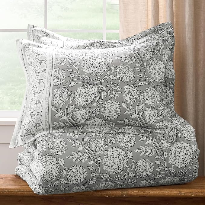 Levtex Home Adare Grey Reversible King Duvet Cover Set (106x94in) with 2 Pillowcases (36x20in) - Floral Bedding - Grey and White - Cotton King Size Duvet Cover Set - Soft, Pre-Washed