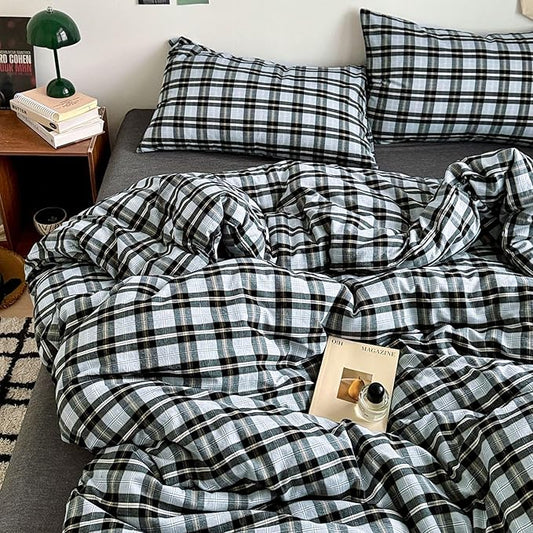 EAVD Vintage Gingham Comforter Set Full Soft 100% Washed Cotton Chic Light Blue Grey Buffalo Plaid Comforter Set with 2 Pillowcases Farmhouse Geometric Pattern Bedding Set for All-Season
