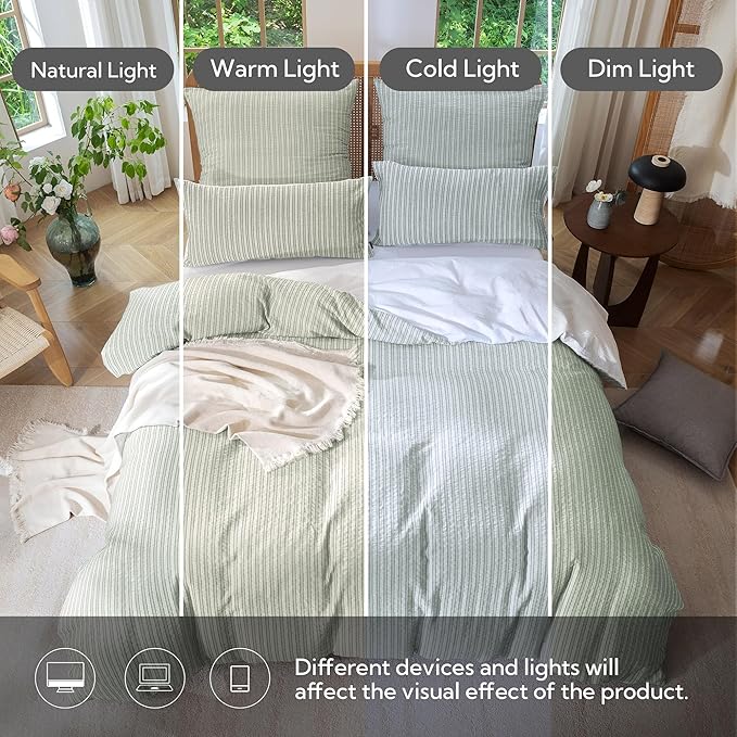 MILDLY Jacquard Stripe Duvet Cover - Sage Green 100% Washed Cotton Boho Textured Comforter Cover Set with Zipper Closure 90"x90"