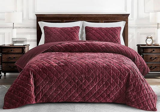 Chezmoi Collection Lux Burgundy Velvet Quilt King Set, 3-Piece Lush Plush Distressed Velvet Bedding All Season Lightweight Comforter Brushed Microfiber Reverse with Diamond Stitch Quilting
