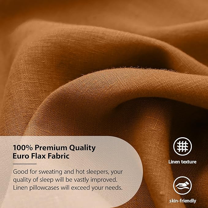 Simple&Opulence 100% Linen Pillowcases Basic Style Solid Color Set of 2, King Size Stone Washed Flax Pillow Cover Envelope Closure (20''x40'', Rust)