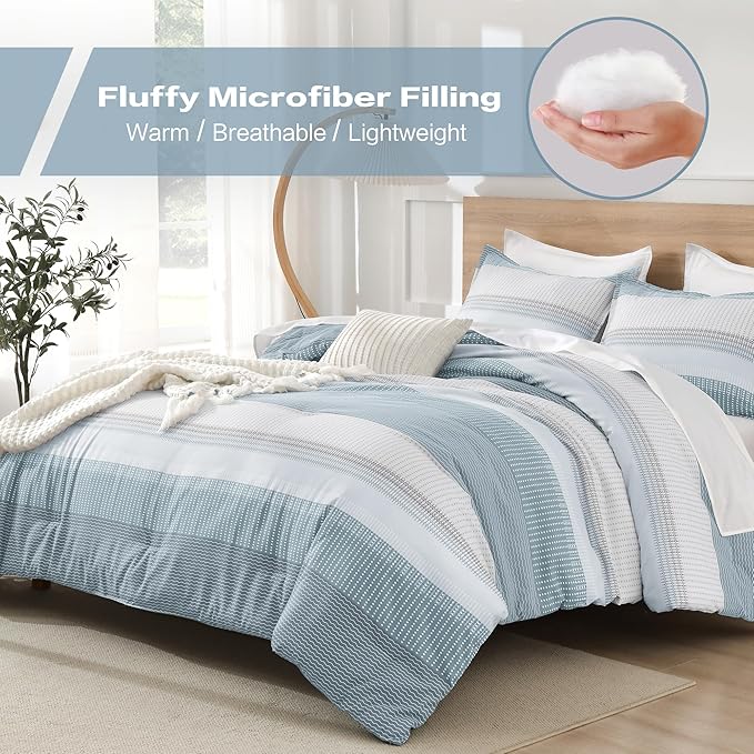 Litanika Comforter Set - Lightweight Quilt Bedding Comforter Sets, Colorblock Stripe Fluffy Bed Set, All Season Down Alternative, Queen Light Blue