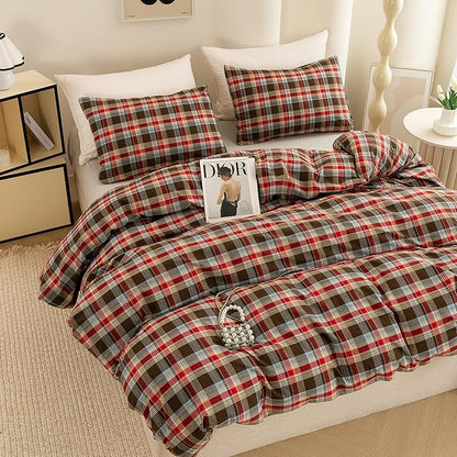 ECOCOTT Buffalo Plaid Duvet Cover King Size– 3 Piece Washed Cotton Bedding Set with Classic Checkered Pattern, Red & Brown Duvet Cover with Pillowcases for All Seasons