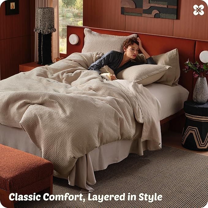 Bedsure Cotton Duvet Cover Full - 100% Cotton Waffle Weave Khaki Duvet Cover Set, GentleSoft™ and Breathable Tan Bedding Set for All Season, 3 Pieces, 80"x90"
