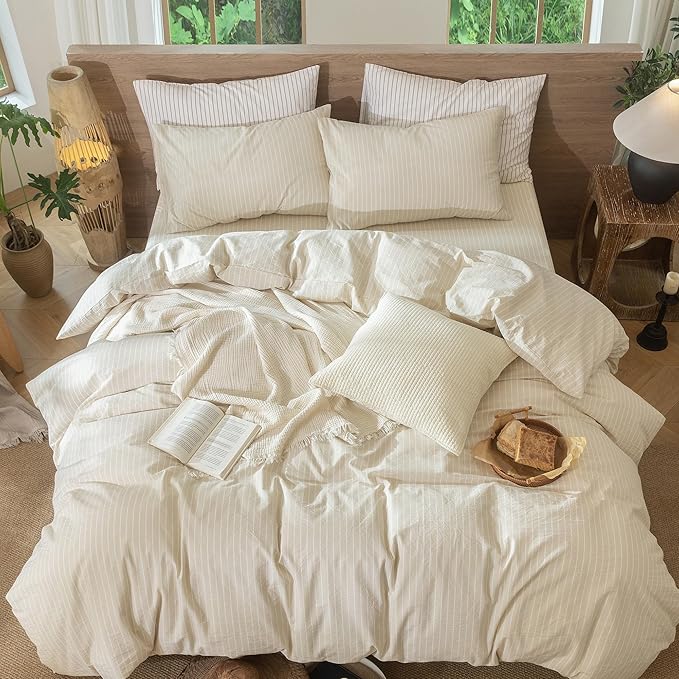 MooMee Striped Duvet Cover Set 100% Washed Cotton Linen Like Textured Breathable Durable Soft Comfy (Almond Milk Grey White Wide Stripes, Palatial King/Oversized King 120"x98")