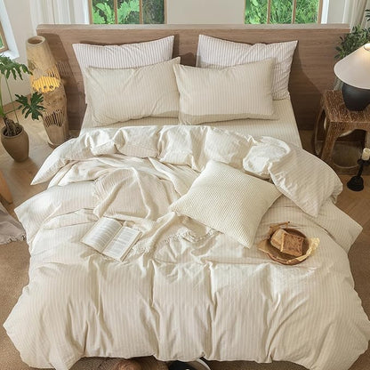 MooMee Striped Duvet Cover Set 100% Washed Cotton Linen Like Textured Breathable Durable Soft Comfy (Almond Milk Grey White Wide Stripes, Palatial King/Oversized King 120"x98")