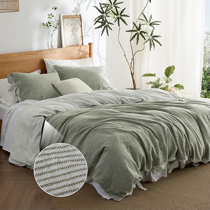 Bedsure Striped Duvet Cover King Size – Moisture-Wicking Eucalyptus Lyocell, Cotton & Linen Hybrid Comforter Cover Set with Bowknot Ties Closure – GentleSoft™ & Breathable Bedding Set – Seaweed Green